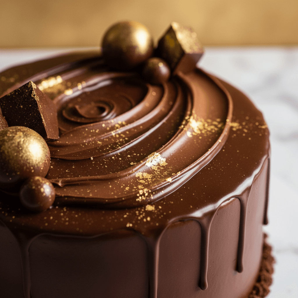 Gâteau au chocolat avec ganache artistique et détails dorés