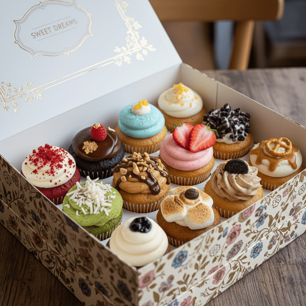 Assortiment de cupcakes personnalisés dans boîte élégante