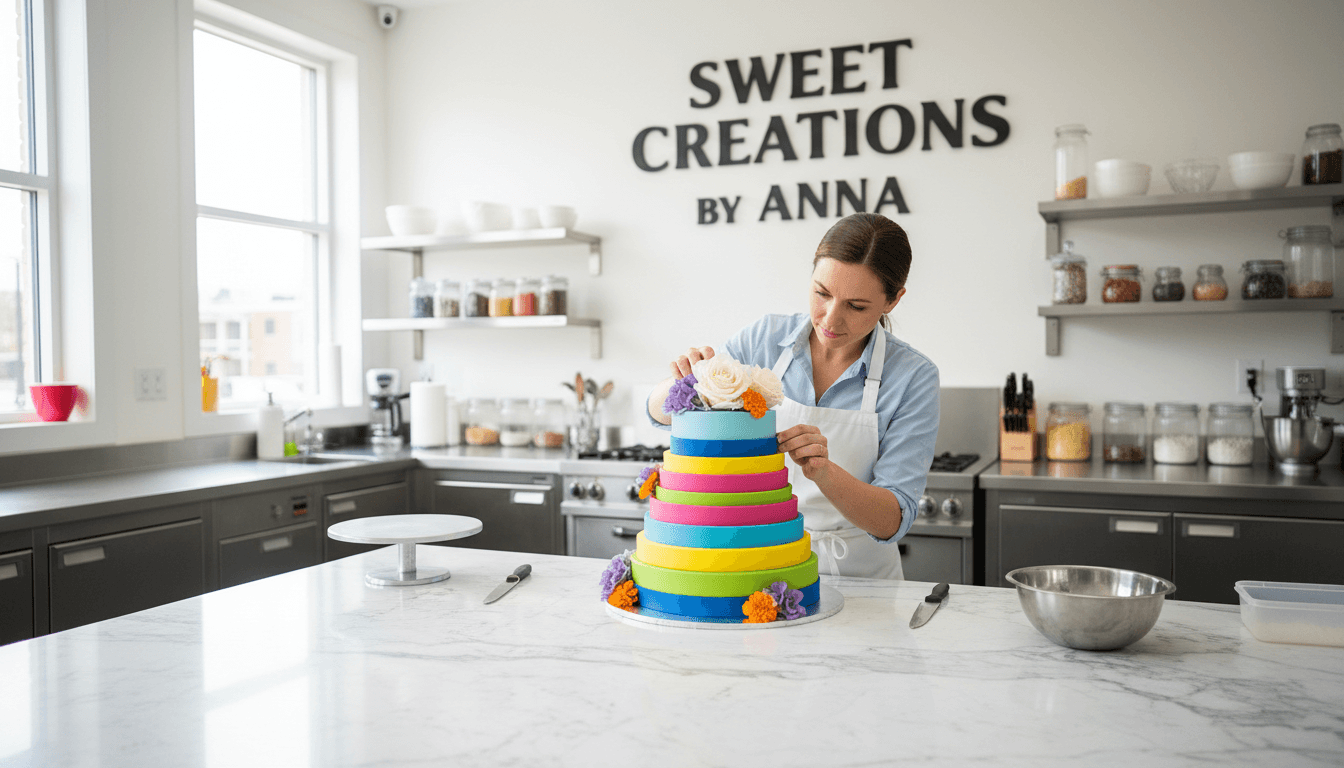 Pâtissière créant un gâteau personnalisé avec décoration colorée et fleurs fraîches