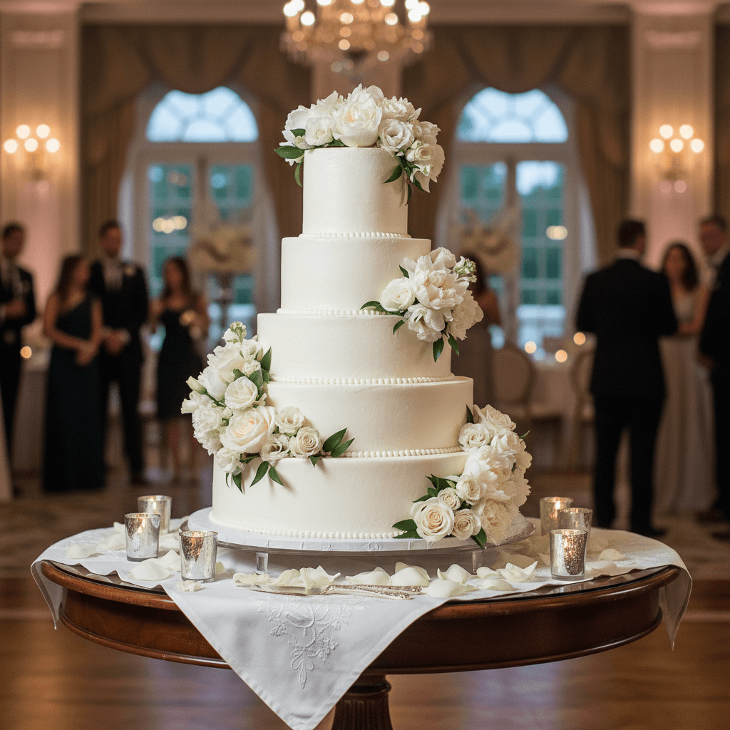 Gâteau de mariage étages blanc élégant avec fleurs fraiches