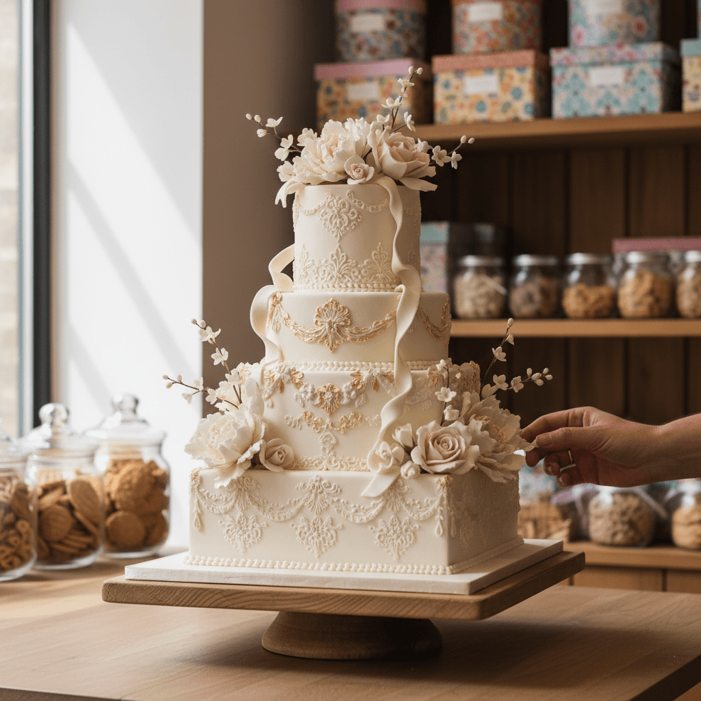 Gâteau raffiné avec décor en pâte à sucre et fleurs
