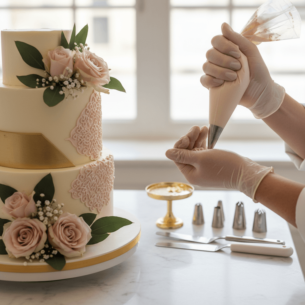 Gâteau de mariage à étages avec fleurs fraîches